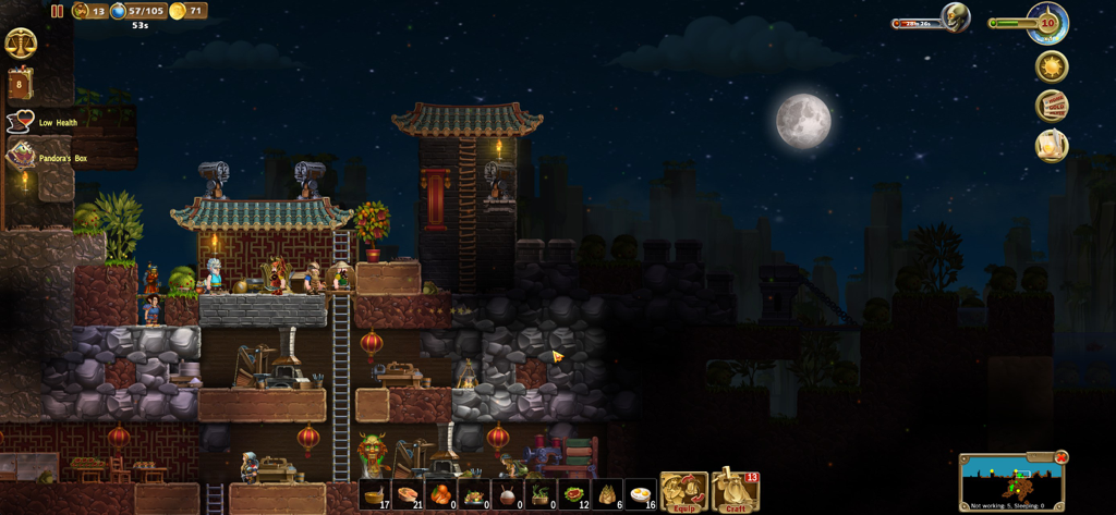 Craft The World-Pocket Edition - A detailed dwarf fortress at night featuring multi level construction and crafting stations in Craft The World Pocket Edition