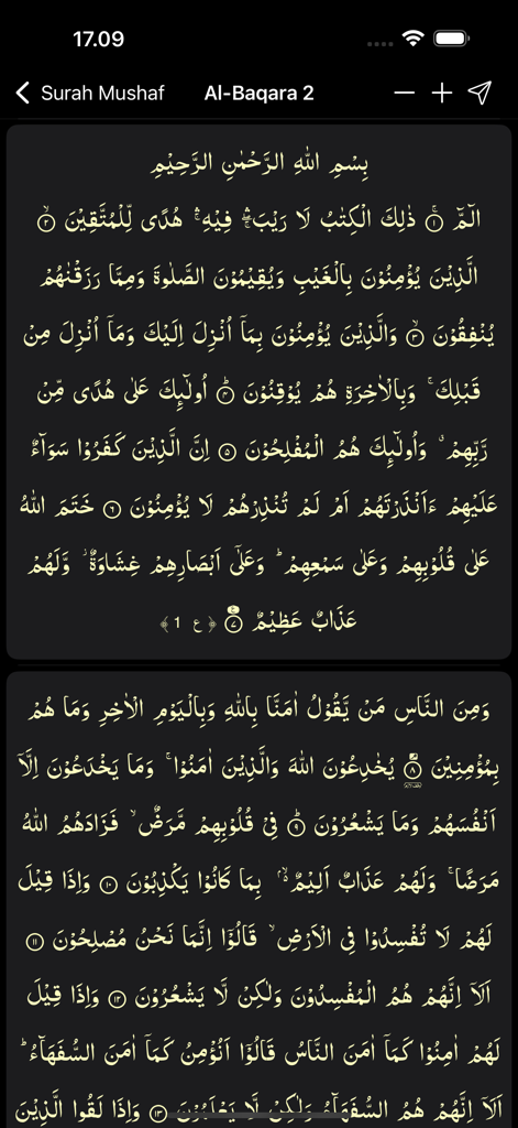 Tafheem ul Quran Urdu - The Tafheem ul Quran Urdu app interface displaying Arabic text in Mushaf mode with a night theme.