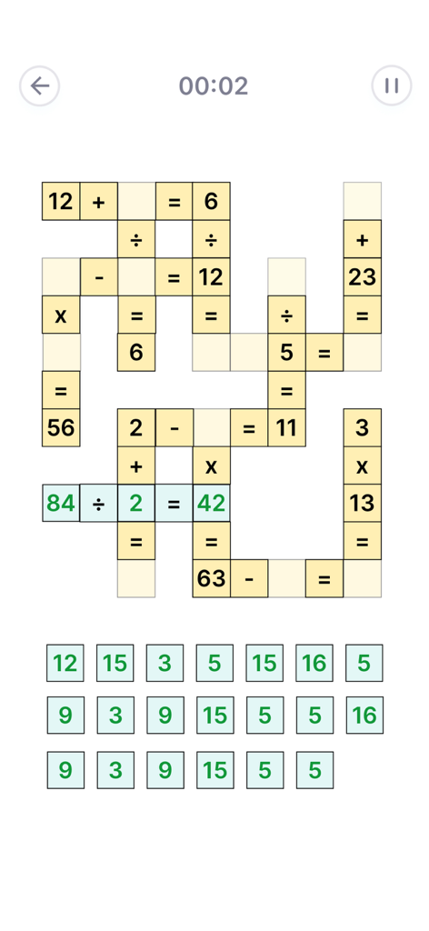 Killer Sudoku - Puzzle Games - A math crossword puzzle interface showing logical equations and number selection tiles