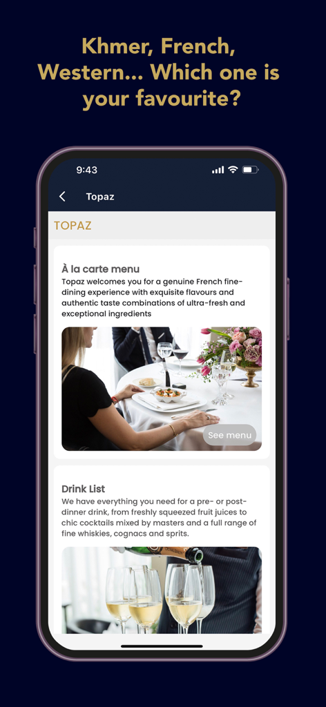 Thalias - A mobile app screen for Thalias displaying the fine dining menu and drink list for Topaz restaurant.