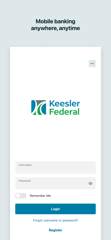 Login screen of the Keesler Federal Mobile Banking app showing the brand logo and account entry fields.