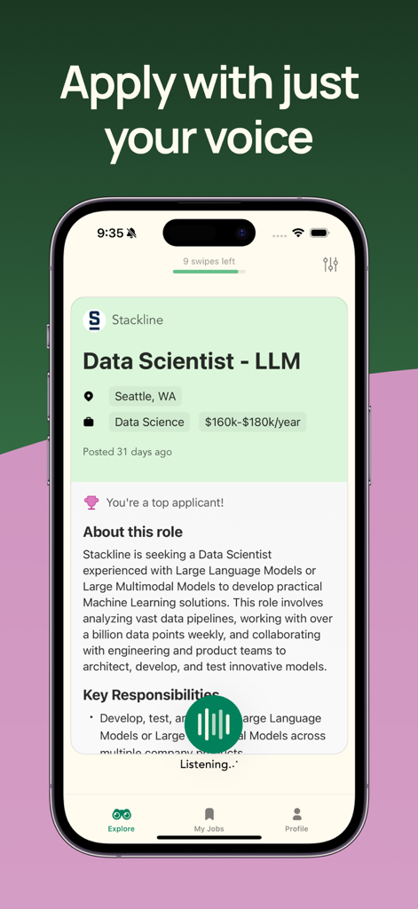 Poozle - AI Job Search - Interface of the Poozle app showing a voice-activated job application for a Data Scientist role