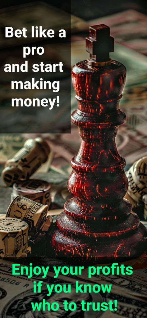 Footy+ Live Soccer Analyst - A wooden chess king on US dollar bills representing strategic soccer betting and expert insights