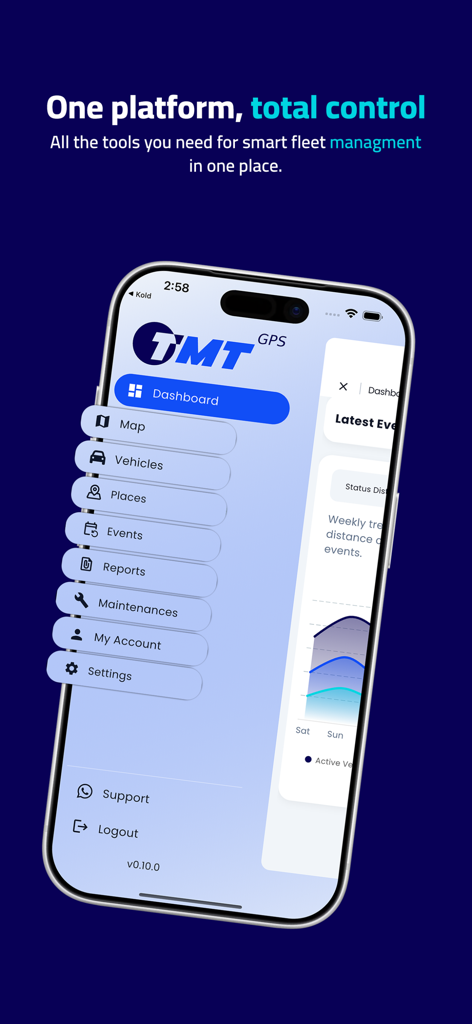 TMTGPS App-Oberfläche, die das Haupt-Dashboard-Menü mit Flottenmanagement-Tools zur Verfolgung von Fahrzeugen und Berichten zeigt.