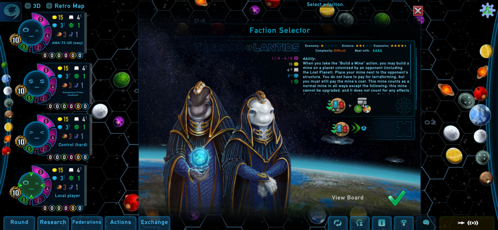 Gaia Project - The faction selection screen in the Gaia Project app showing the Lantids alien race and strategy statistics