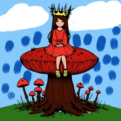 realistic girl sitting on a huge tree stump size toadstool with thorn crown