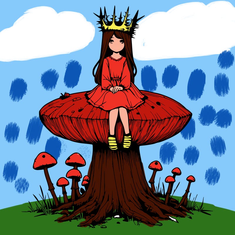 realistic girl sitting on a huge tree stump size toadstool with thorn crown