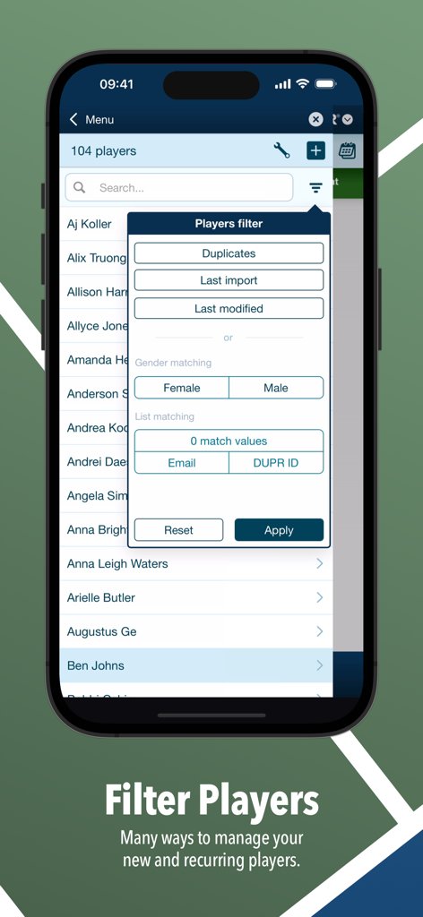 KeepaScore Pickleball Brackets - Interface of the KeepaScore app showing player filtering options by gender and DUPR ID.