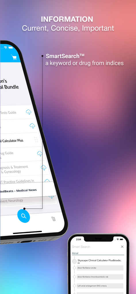 Screenshot of the Harrison's Manual Medicine App demonstrating the SmartSearch feature with clinical results for medical professionals