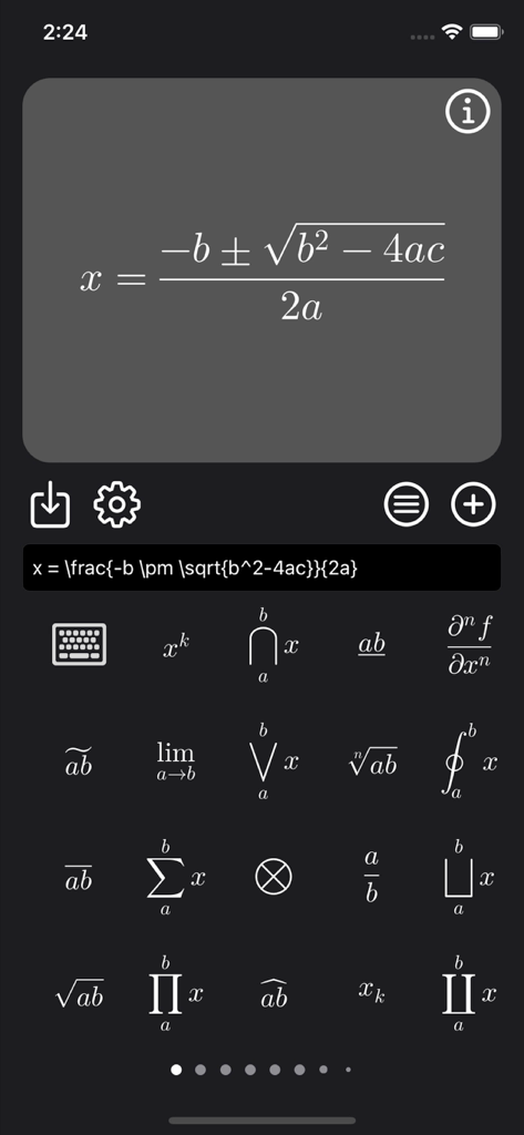 Latex Equation Editor - Interfaz móvil de la aplicación Editor de Ecuaciones LaTeX renderizando una fórmula cuadrática con un teclado de símbolos matemáticos debajo