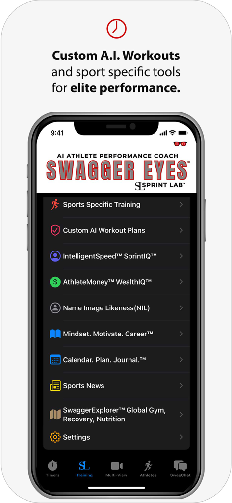 Swagger Eyes: SprintTimer - Main interface of Swagger Eyes Sprint Timer showing AI workout plans and athlete performance tools