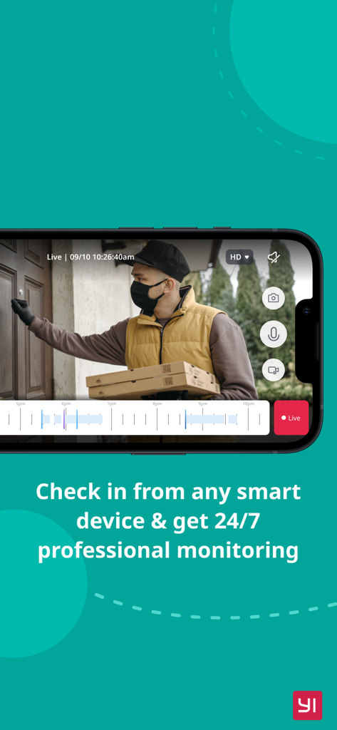 YI Home - Smartphone displaying the YI Home app with a live video feed of a delivery person at a front door and a monitoring timeline.