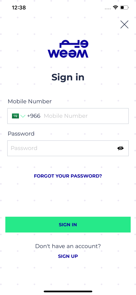 WEEM - Sign in screen for the WEEM car rental app showing mobile number and password login fields