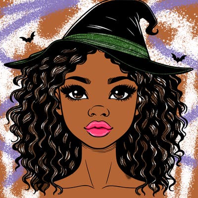 realistic black girl with wavy hair and witch hat and nose and lips