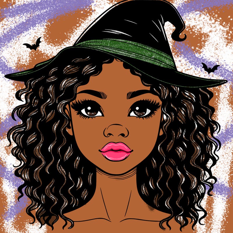 realistic black girl with wavy hair and witch hat and nose and lips
