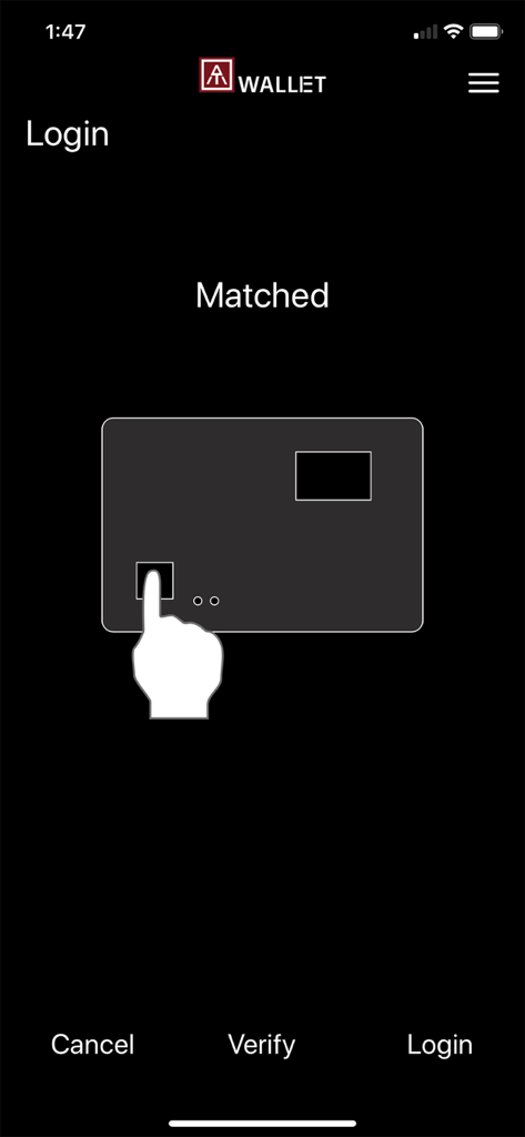 AT.Wallet - Tela de login do aplicativo AT.Wallet mostrando a correspondência biométrica de impressão digital bem-sucedida.