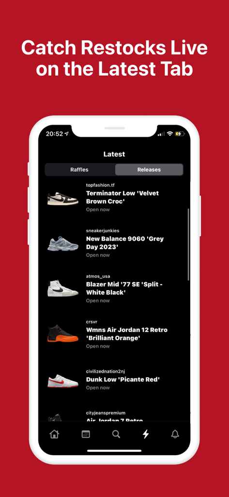 Interfaz de la aplicación Grails que muestra los últimos lanzamientos y reposiciones de zapatillas para comprar manualmente