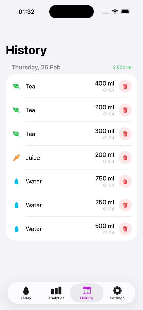 Drink Water Hydration Log App - Pantalla de historial diario de la app de seguimiento de hidratación que muestra una lista de bebidas registradas, incluyendo té, zumo y agua