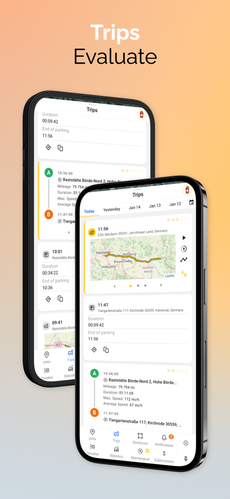 Ruhavik mobile app interface showing vehicle trip logs maps and eco-driving scores