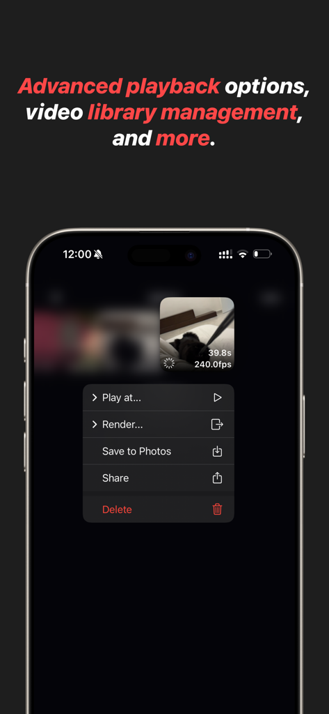 Slogger: Pro Slow Motion - Slogger app interface displaying advanced playback and video library management options for slow motion videos