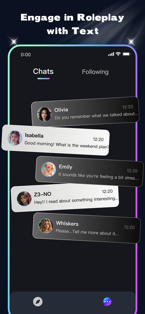 Sweet AI: Lover Character Chat - Oberfläche des Sweet AI Apps, die eine Liste von Chat-Nachrichten mit verschiedenen KI-Charakteren wie Olivia und Isabella für Text-Rollenspiele zeigt.