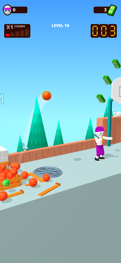 Bounce Dunk - basketball game - 바운스 덩크의 도시 거리 레벨에서 캐릭터와 부서진 과일과 함께 튕기는 농구공