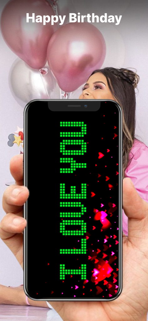 Letrero LED Digital - Ein Smartphone zeigt einen grünen LED-Lauftext mit der Aufschrift ICH LIEBE DICH auf einer Geburtstagsfeier.