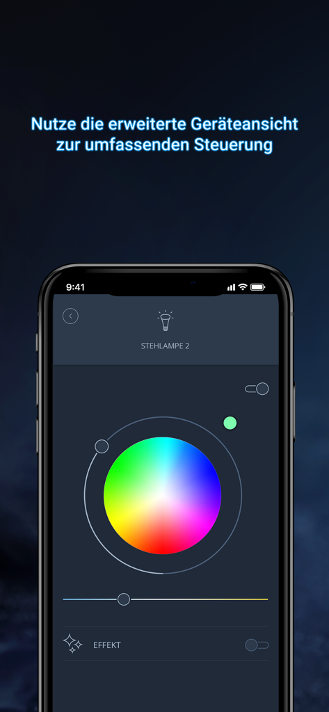 mediola IQONTROL NEO - mediola IQONTROL NEO app interface showing a color wheel for controlling a smart floor lamp