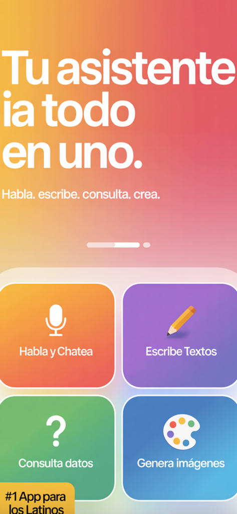 Inteligencia Artificial IA - スペイン語の人工知能AIアプリのメイン画面、スペイン語での会話、テキスト作成、データ照会、画像生成のオプションが表示されています