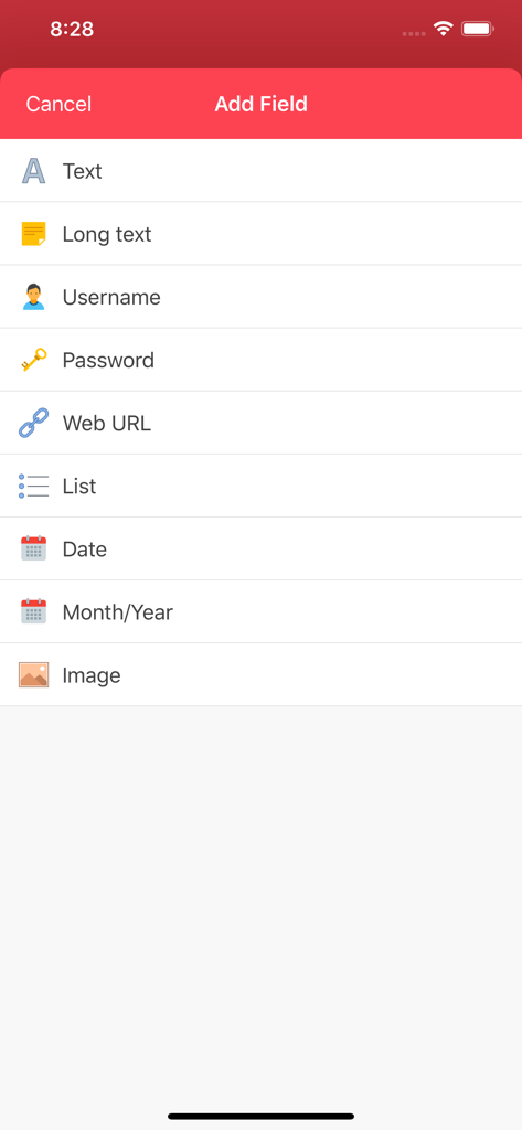 Add field screen in Password Goo showing options to customize data with fields like username, password, web URL, and date