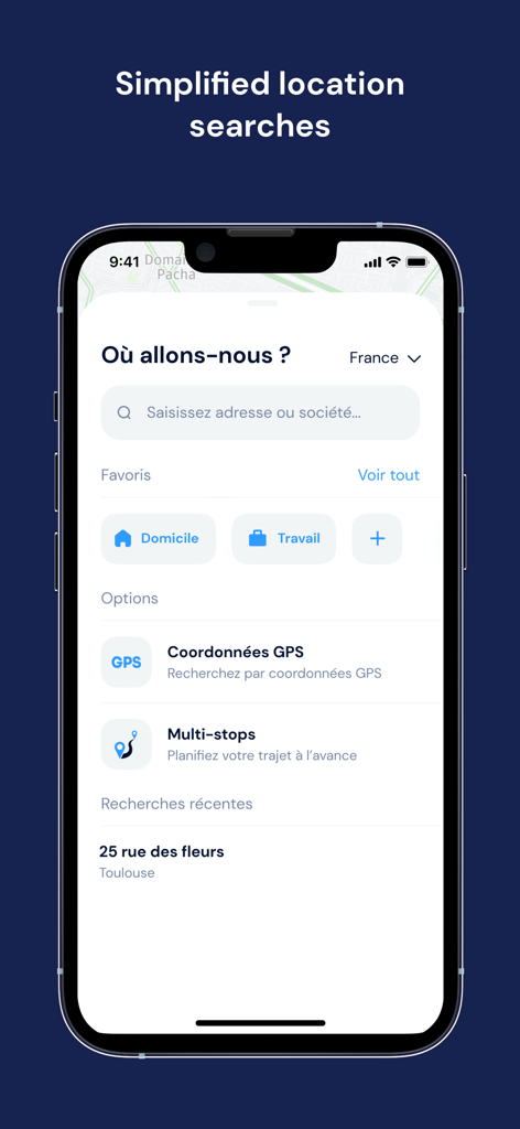 NavXL Truck Navigation - Oberfläche der NavXL Truck Navigation App mit vereinfachter Standortsuche und Optionen für Adressen, GPS-Koordinaten und Multi-Stop-Planung.