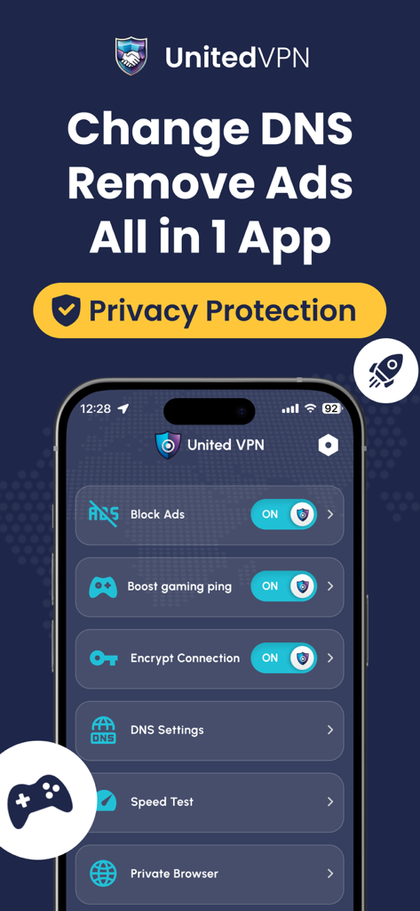 United VPN - Fast & Secure DNS - Mobile dashboard of United VPN app highlighting ad blocking and network security features