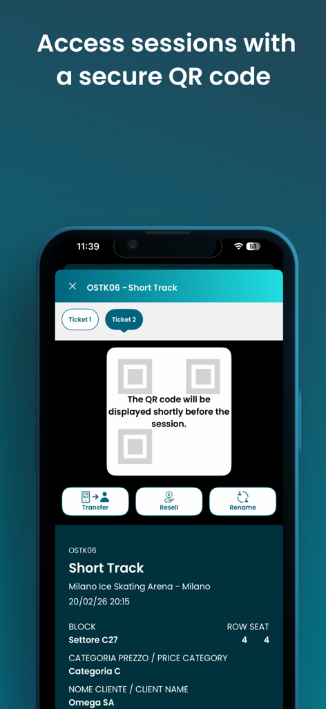 Tickets MilanoCortina2026 - Interface de billet numérique pour les Jeux olympiques d'hiver de Milano Cortina 2026 montrant les détails de la session et un accès sécurisé par code QR