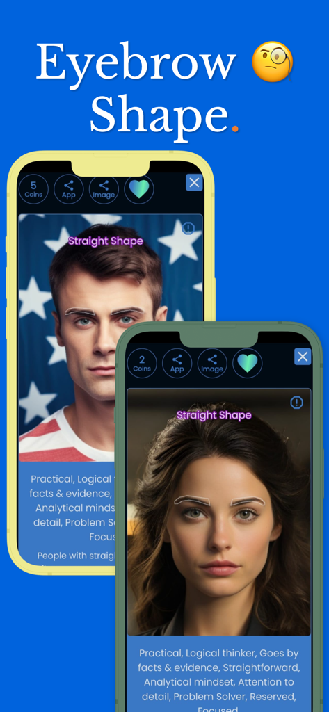 Face Shape Analyzer - Hair AI - Interface do aplicativo mostrando análise de formato de sobrancelha e traços de personalidade relacionados para homens e mulheres