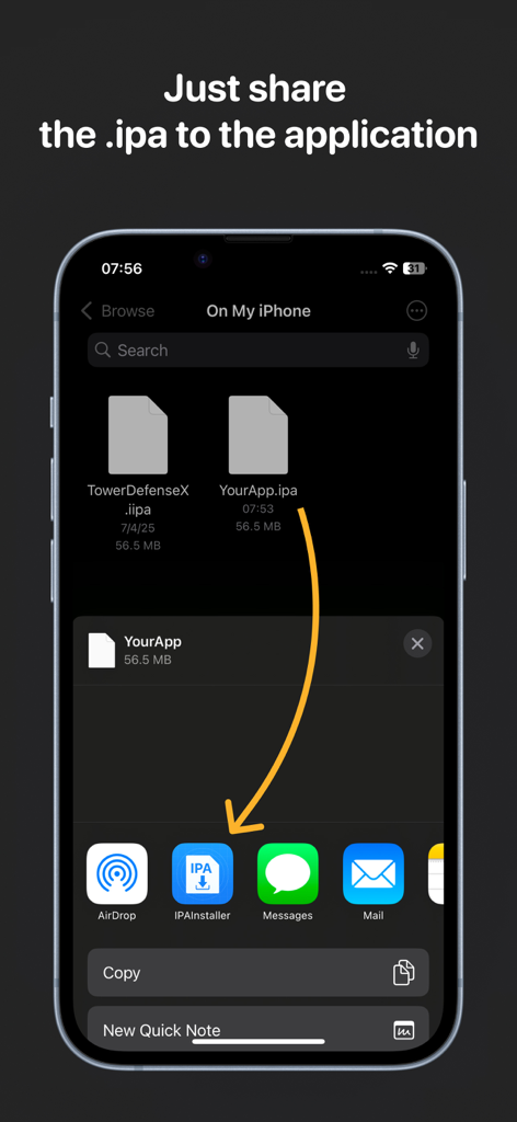 IPA Installer - iPhone-Bildschirm, der zeigt, wie eine IPA-Datei über die iOS-Share-Sheet an die IPA Installer-App geteilt wird