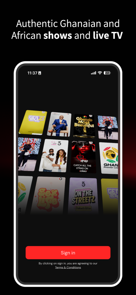 Adesa plus app home screen displaying a gallery of authentic Ghanaian shows and live TV with a red sign in button