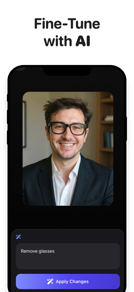 AI Headshot Generator: Facely - A mobile app screen showing AI editing options to fine-tune a professional headshot using text prompts like remove glasses