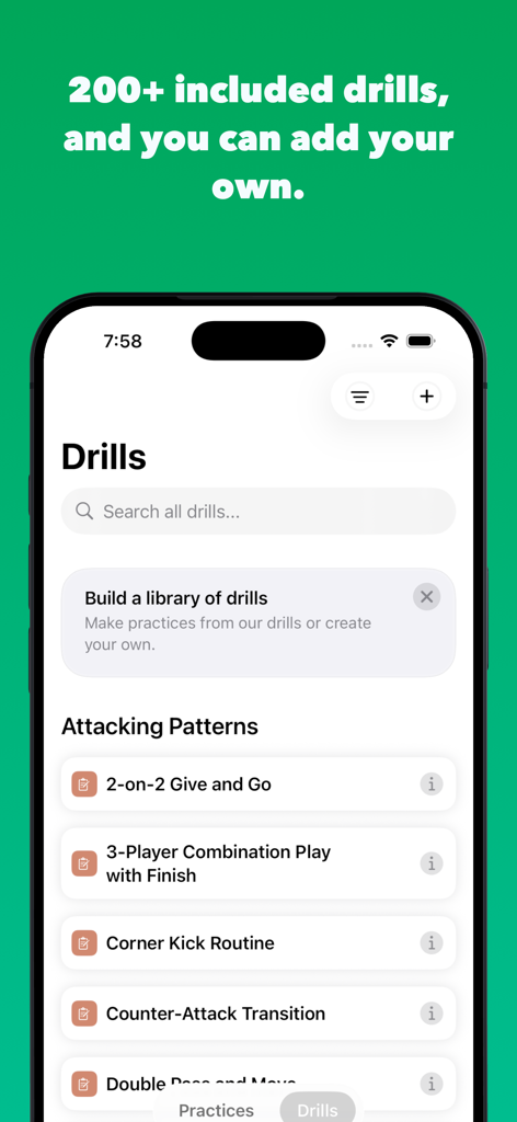 Soccer Lineup Builder Elite - Mobile app screen showing soccer coaching drills and attacking patterns.