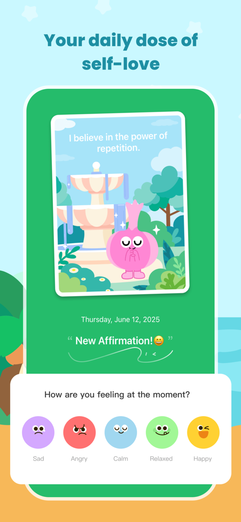 MeGrow: Grow Daily,Care Deeply - MeGrow app interface featuring a daily affirmation card and a colorful mood tracking section with expressive emoji icons