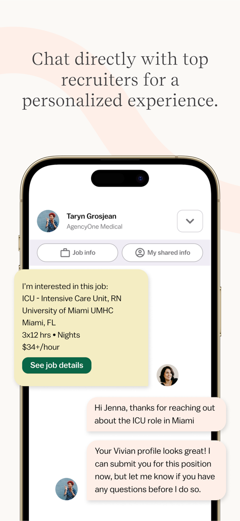 A mobile app interface showing a direct chat between a healthcare professional and a recruiter on the Vivian platform