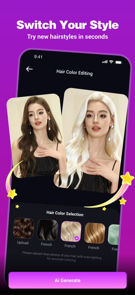 ReVibe: AI Photo & Video Maker - Recurso de edição de cor de cabelo com IA no aplicativo ReVibe mostrando uma comparação entre estilos de cabelo castanho e loiro