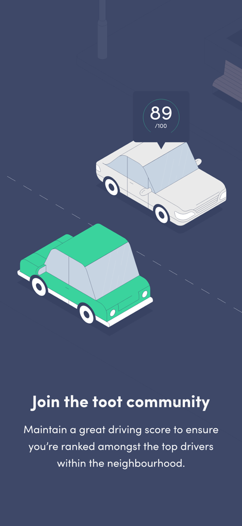 toot - safer driving - 도로 위의 두 대의 자동차에 대한 등각 투영 일러스트레이션으로, 한 자동차 위에 운전 점수 거품이 있고 사용자가 toot 커뮤니티에 참여하여 최고 운전자 순위에 오르도록 권장하는 텍스트가 있습니다.