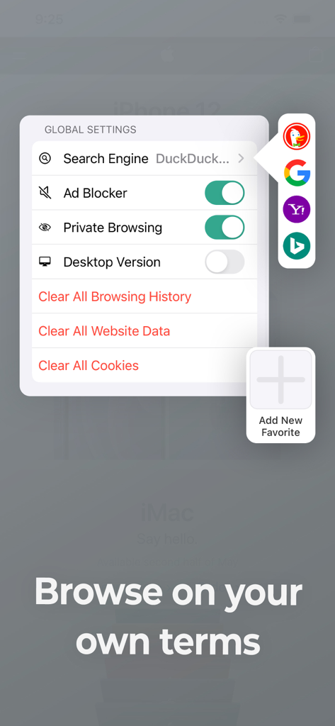 Interface of Safe Page web browser showing privacy settings menu with ad blocker and private browsing enabled
