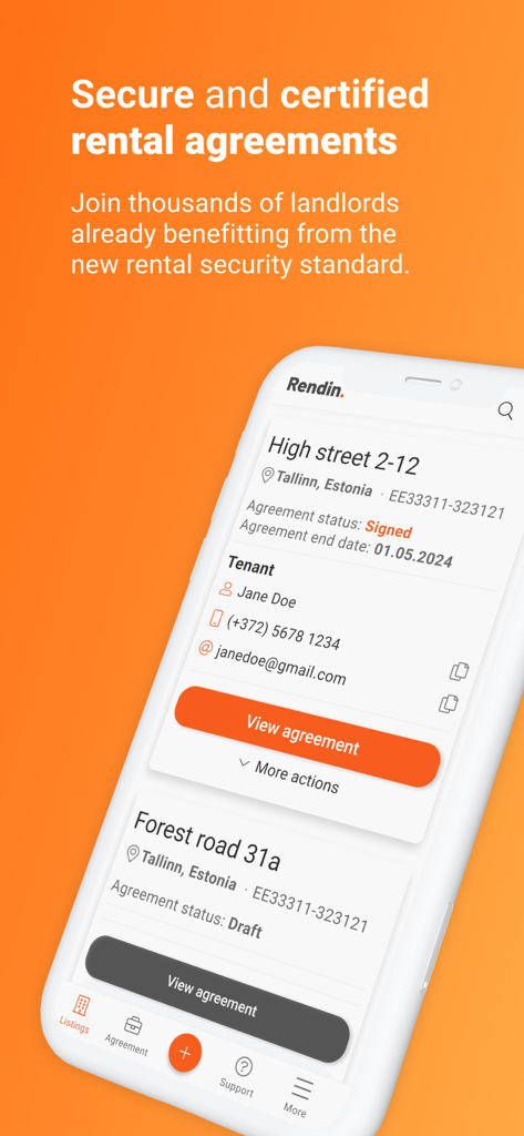 Rendin - Safe Rental Agreement - A mobile phone displaying the Rendin app interface with digital rental agreements and tenant information