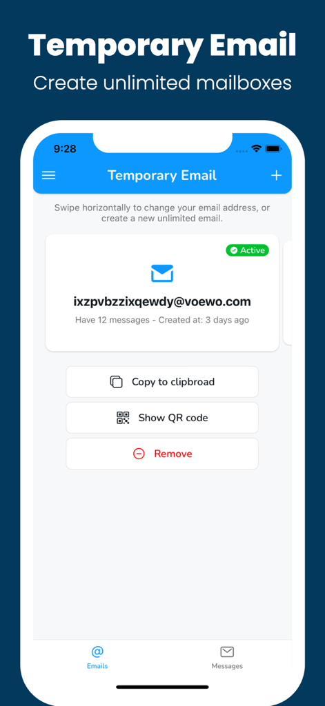 Temp Mailアプリのインターフェース。アクティブな一時メールアドレスと管理ボタンが表示されています。
