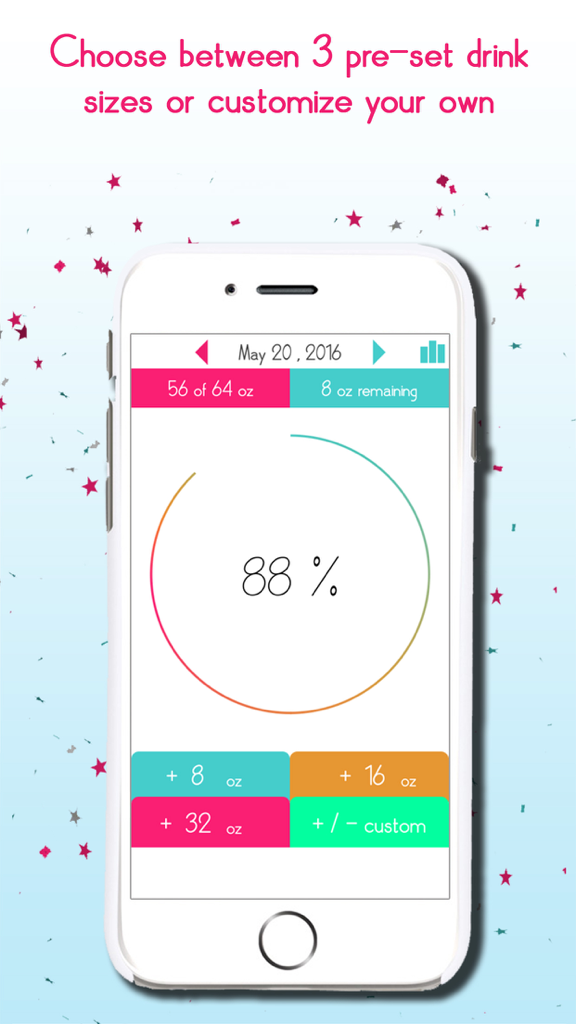 Water Tracker Daily app interface showing 88 percent progress and preset drink sizes