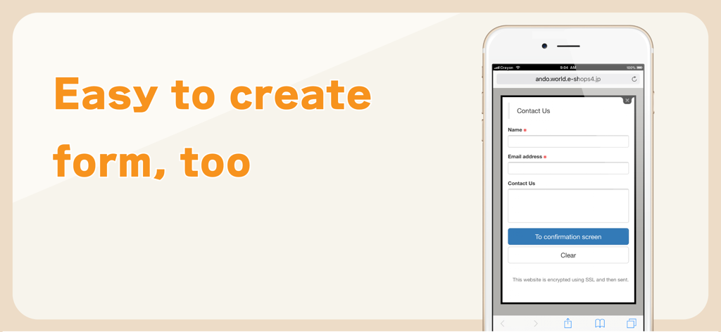Crayon – Create a website - Uma interface móvel exibindo um formulário de contato simples com campos de nome e e-mail criados usando o aplicativo construtor de sites Crayon.