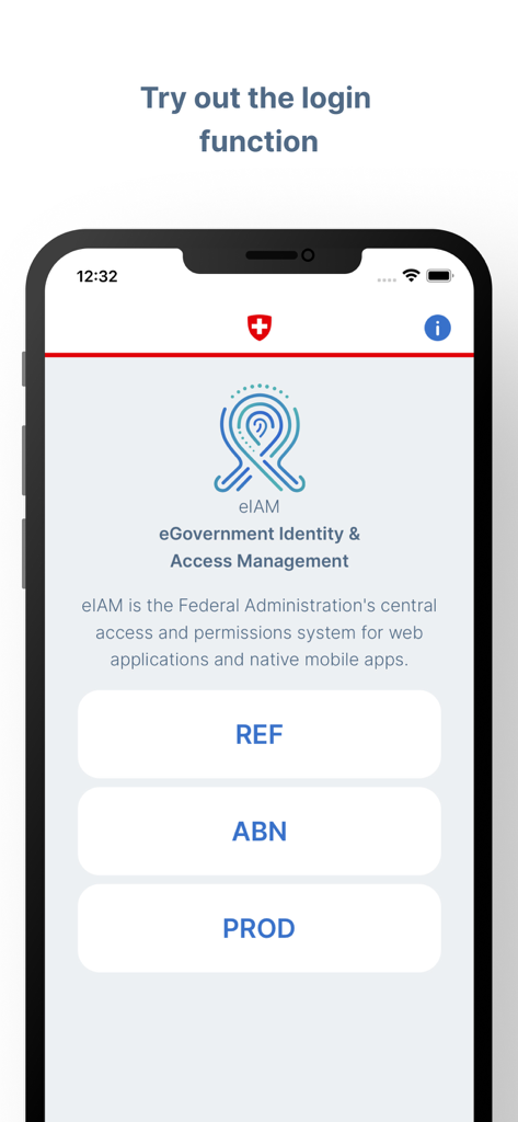 eIAM Developer - eIAM Developer app login screen showing environment selection buttons for REF ABN and PROD