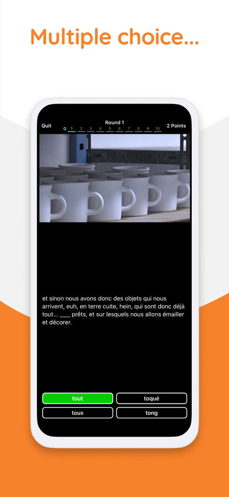 Yabla French - A screenshot of the Yabla French app featuring a multiple choice language game based on authentic video content