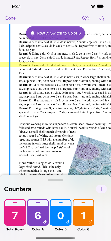 Crochet pattern view with a highlighted line and multiple color coded row counters in the YarnBuddy app.